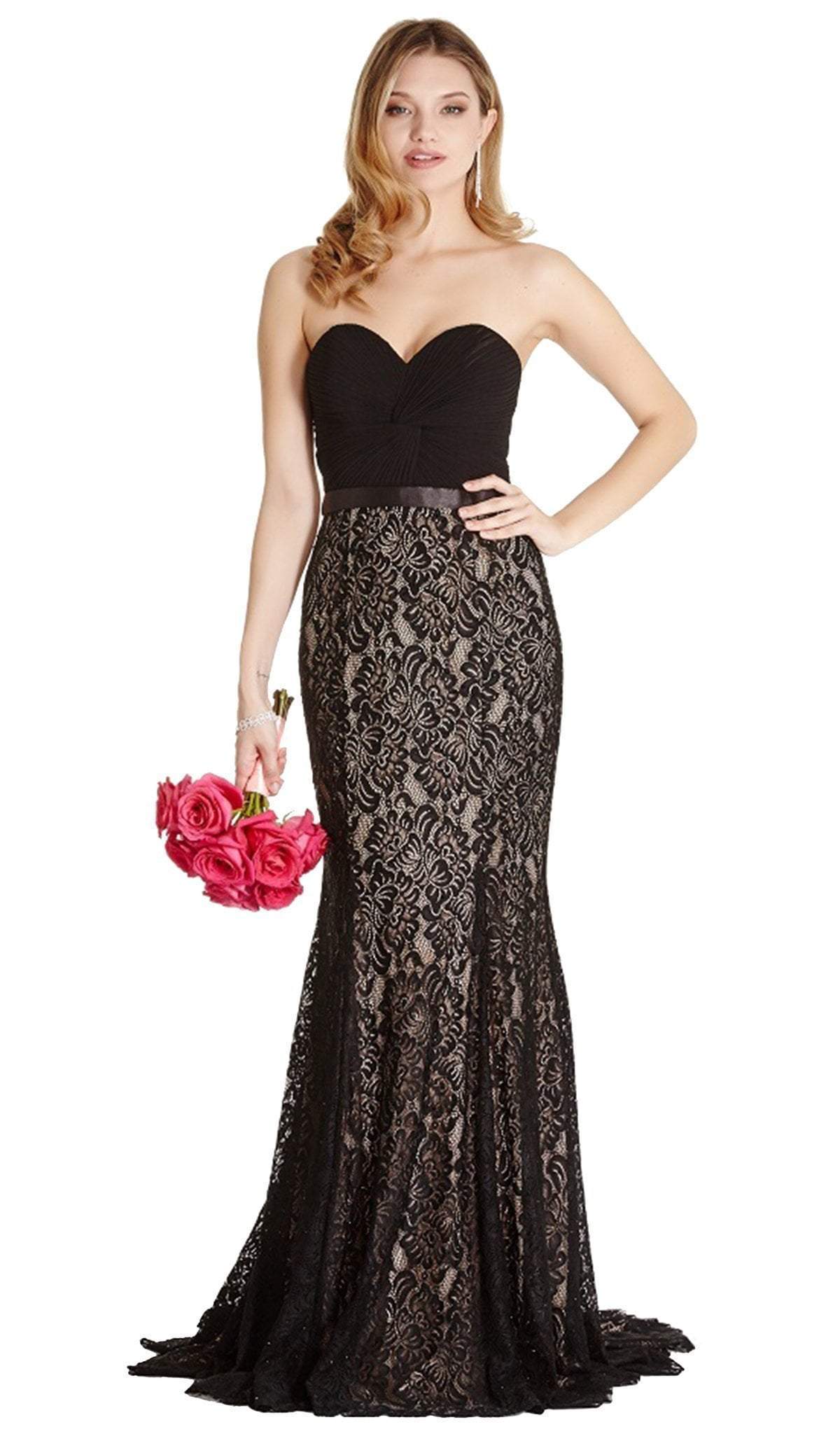 Strapless Ruched Sweetheart Lace Evening Dress Dress XXS / Black-Nude