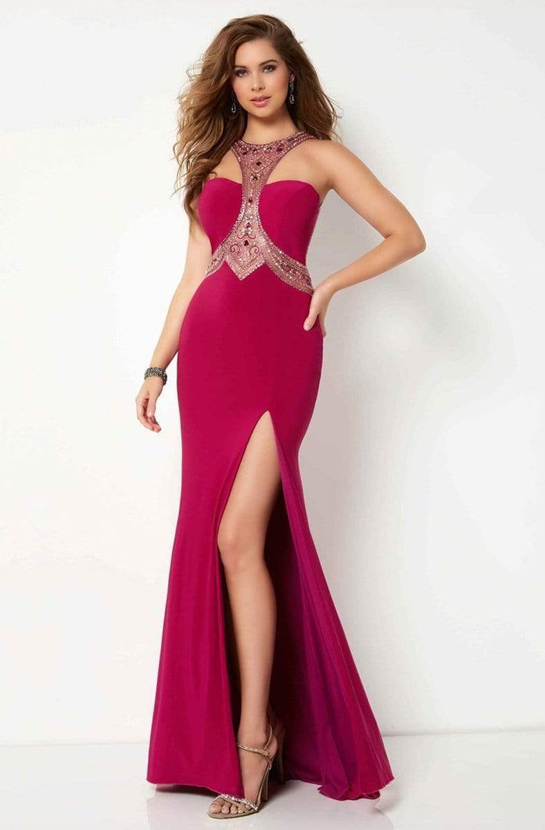 Studio 17 - 12686 Beaded Halter Jersey Trumpet Dress Special Occasion Dress 0 / Magenta