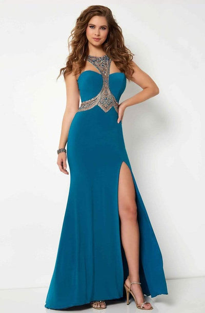 Studio 17 - 12686 Beaded Halter Jersey Trumpet Dress Special Occasion Dress 0 / Teal