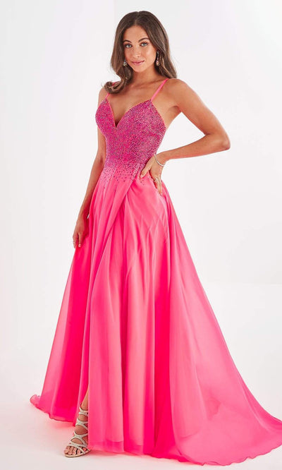 Studio 17 - 12829 Embellished V Neck Chiffon A-Line Gown Prom Dresses 0 / Hot Fuchsia