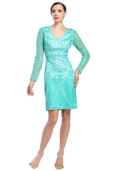 Sue Wong - Floral Embroidered Long Sleeve V-Neck Dress N4516 in Green