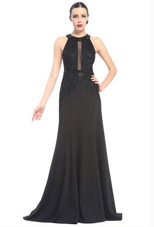 Sue Wong - N5377 Sheer Paneled Ornate Halter Gown in Black
