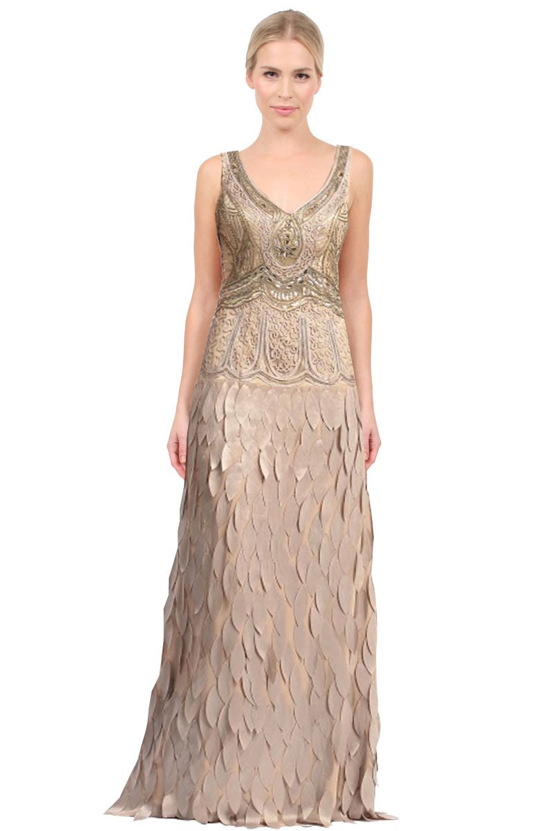 Sue Wong N5244 - Long A-Line Dress - Rhinestones, Leaf Embellishment, Illusion Ornate Back, Chiffon, Full-Length ADASA Sue Wong N5244 - Long A-Line Dress - Rhinestones, Leaf Embellishment, Illusion Ornate Back, Chiffon, Full-Length ADASA