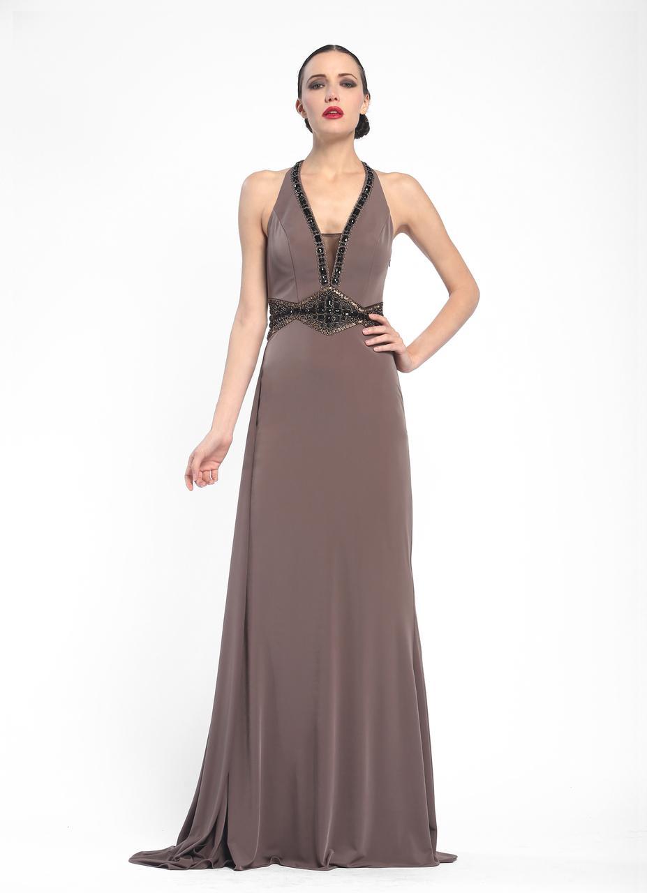 Sue Wong - Embellished Halter Neck A-Line Dress N5347 in Brown
