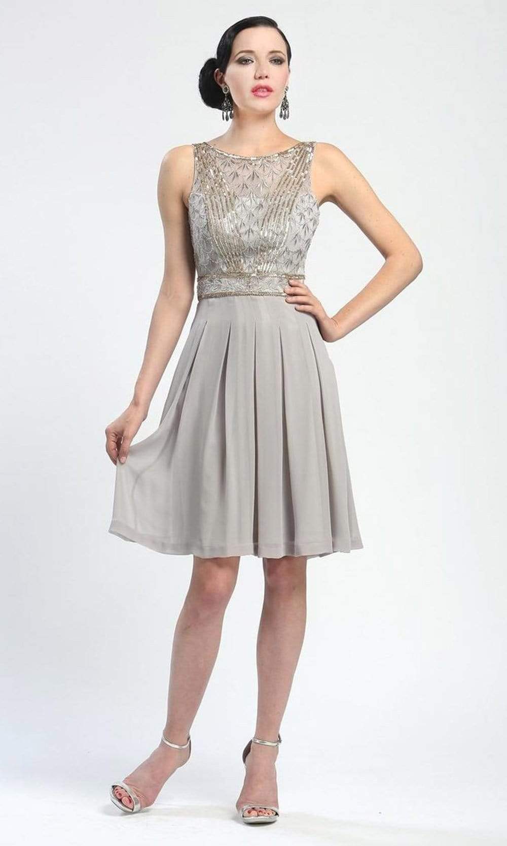 Sue Wong - N4216SC Sleeveless Embellished Pleated Short Dress In Silver