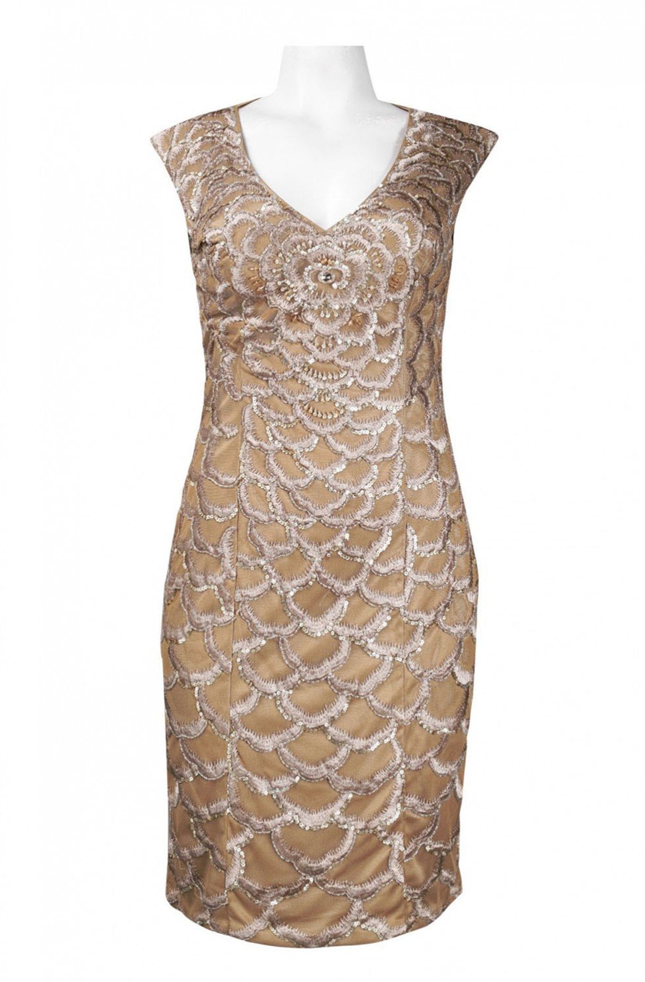 Sue Wong - N2330 Embroidered Scallop Motif Sheath Dress In Neutral