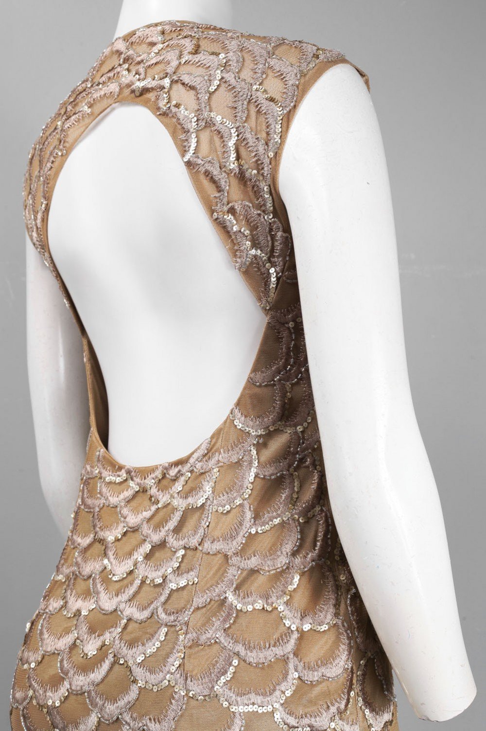 Sue Wong N2330 - Short Sheath Dress - Cap Sleeves, Scallop Motif Design, Beaded, Embroidered, Cutout Back, Back Zipper Closure, 0 / Beige Sue Wong N2330 - Short Sheath Dress - Cap Sleeves, Scallop Motif Design, Beaded, Embroidered, Cutout Back, Back Zipper Closure, 0 / Beige