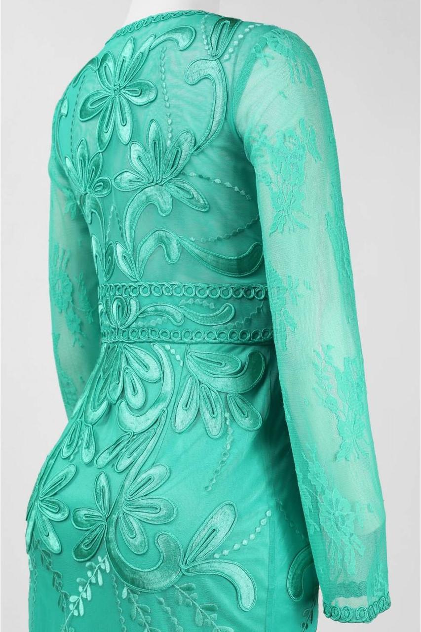 Sue Wong - Floral Embroidered Long Sleeve V-Neck Dress N4516 in Green
