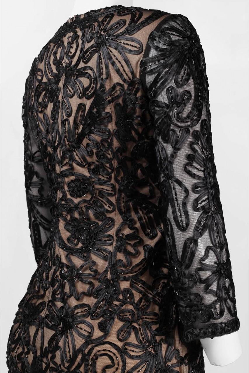 Sue Wong N5364 - Short Sheath Dress - Mesh, Ribbon, Quarter Sleeves, Full Back, Short Hem 0 / Black Sue Wong N5364 - Short Sheath Dress - Mesh, Ribbon, Quarter Sleeves, Full Back, Short Hem 0 / Black