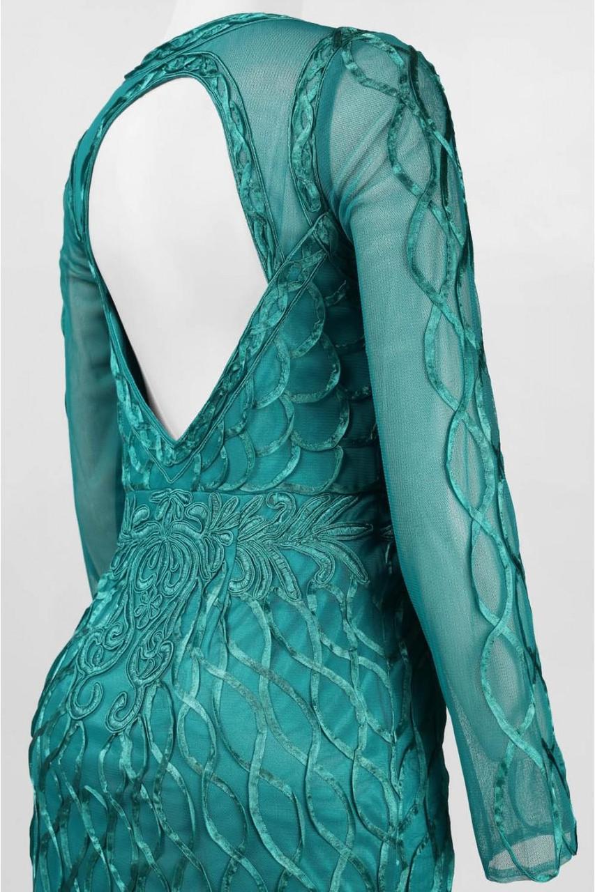 Sue Wong N5412 - Short Mesh Sheath Dress - Long Sleeves, Embroidery, Open Back 2 / Peacock Sue Wong N5412 - Short Mesh Sheath Dress - Long Sleeves, Embroidery, Open Back 2 / Peacock