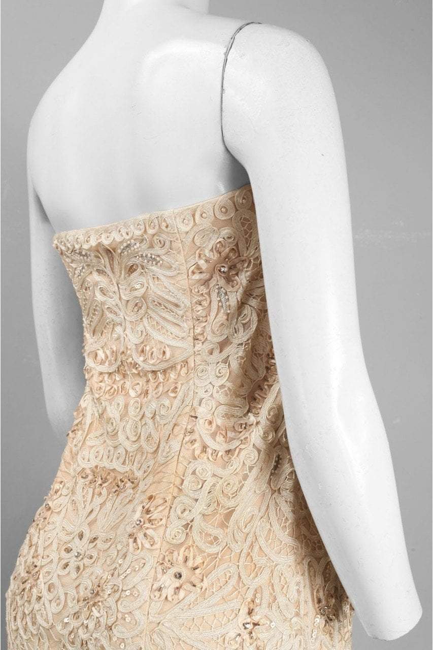 Sue Wong - S0300 Strapless Ribbon Appliqued Sheath Dress in Neutral