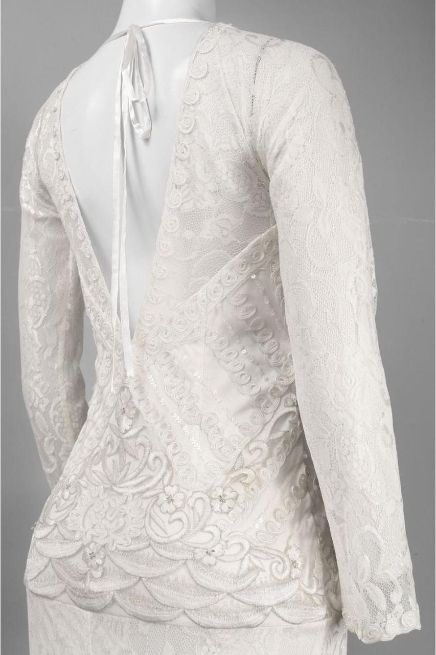Sue Wong W4134 - Long Sheath Dress - Sheer Long Sleeves, Embroidery, Beads, Satin String, Low V-Cut Back, Back Slit, Full-Length Hem ADASA Sue Wong W4134 - Long Sheath Dress - Sheer Long Sleeves, Embroidery, Beads, Satin String, Low V-Cut Back, Back Slit, Full-Length Hem ADASA