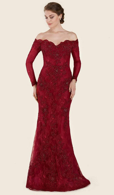 Rina Di Montella - RD2605 Embellished Lace Off-Shoulder Trumpet Gown Special Occasion Dress 4 / Burgundy