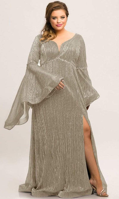 Sydney's Closet - JK2007SC Flutter Sleeve Plus Size Shiny Gown In Gold and Neutral