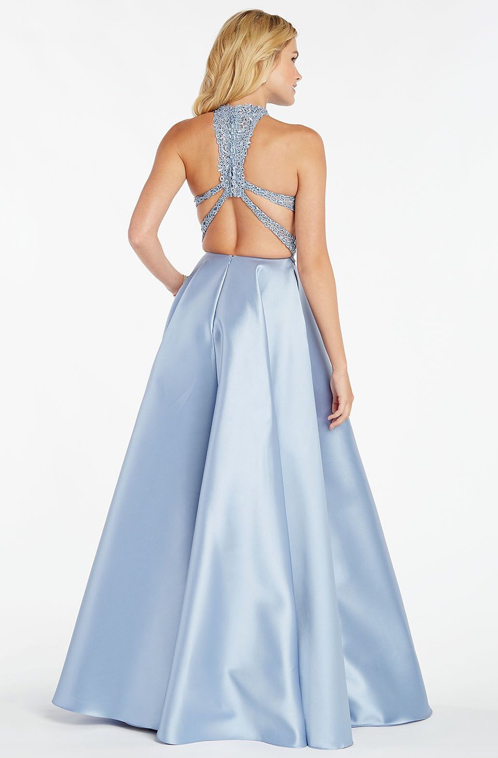 Alyce Paris - 60331 Halter Lace Appliqued Mikado Racerback Prom Gown In Blue