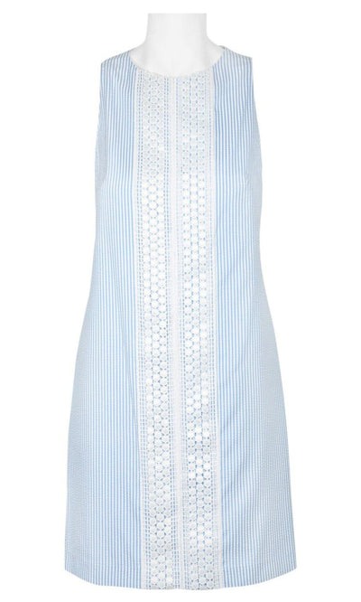 London Times - T2073M Seersucker Crochet Panel Shift Dress In Blue and White
