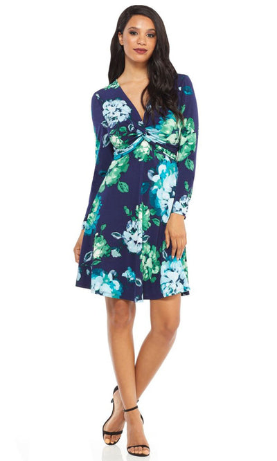 London Times - T3417M Long Sleeve Multi-Color Floral Print Dress In Blue and Multi-Color