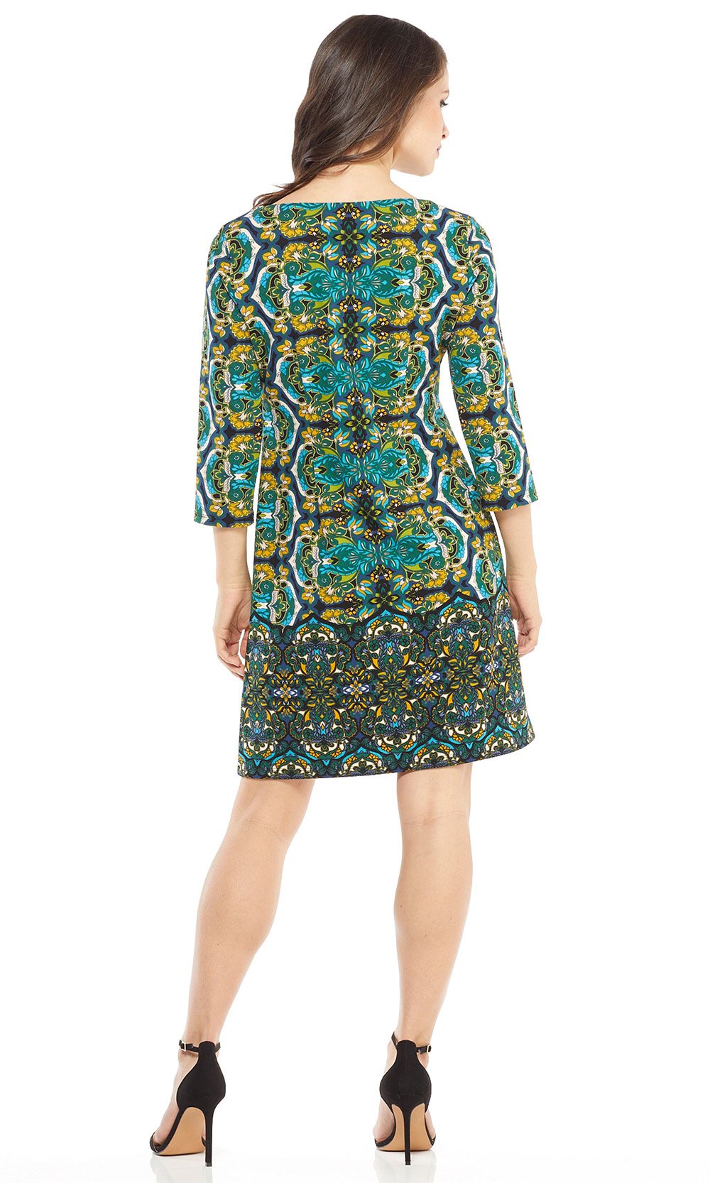 London Times - T3427M Paisley Print Quarter Sleeve Shift Dress In Yellow and Green