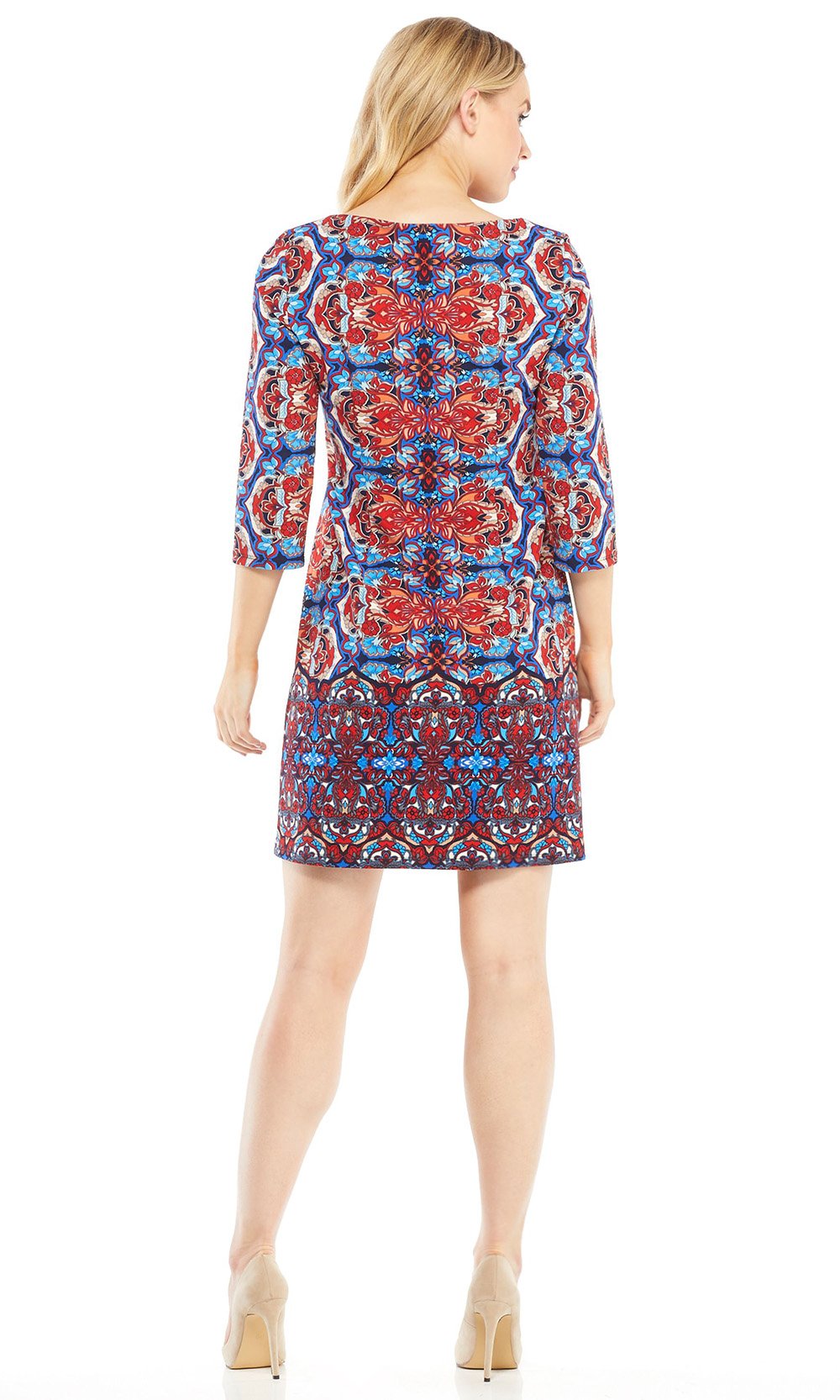 London Times - T3427M Paisley Print Quarter Sleeve Shift Dress In Blue and Red