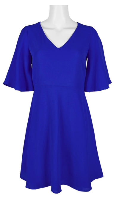 London Times - T3515M Short Sleeve V Neck A-Line Dress In Blue