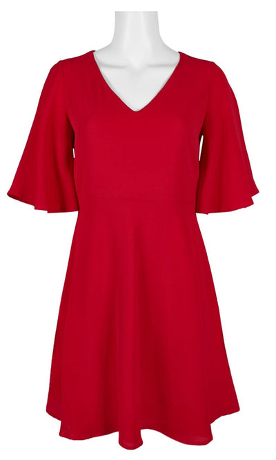London Times - T3515M Short Sleeve V Neck A-Line Dress In Red