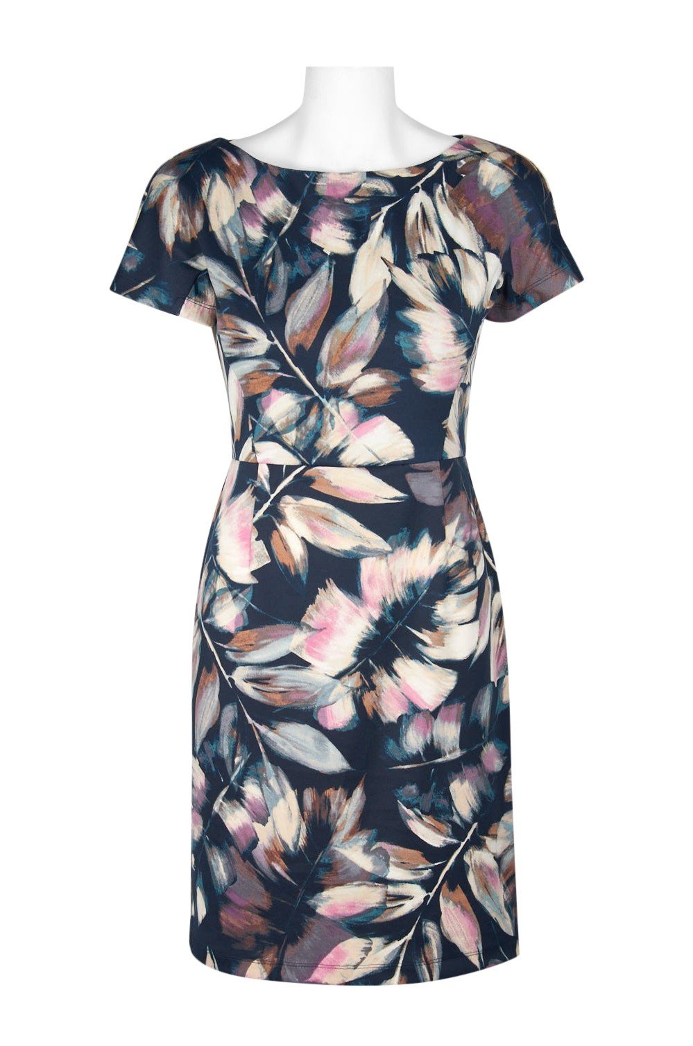London Times - T3534M Floral Print Bateau Sheath Dress In Blue and Pink