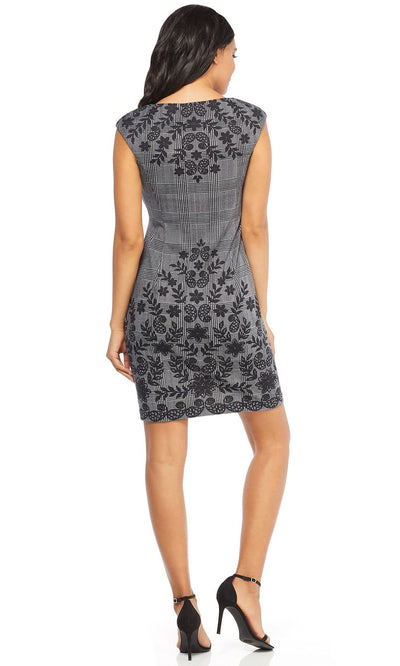 London Times - T3556M Floral Filigree Plaid Printed Short Sheath Dress In Black and White
