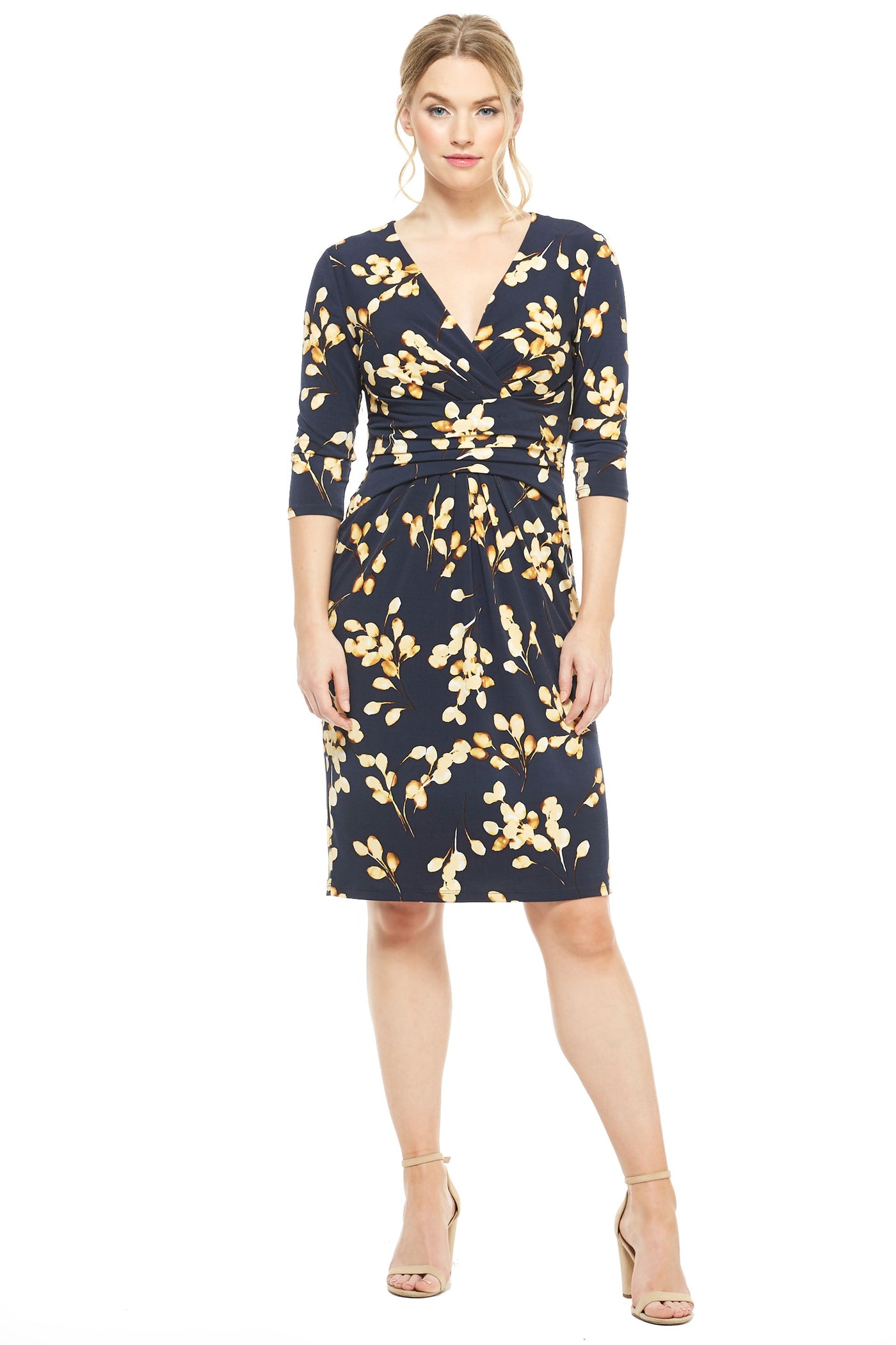 London Times - T3866M Floral Printed V-Neck Cocktail Dress In Blue and Gold