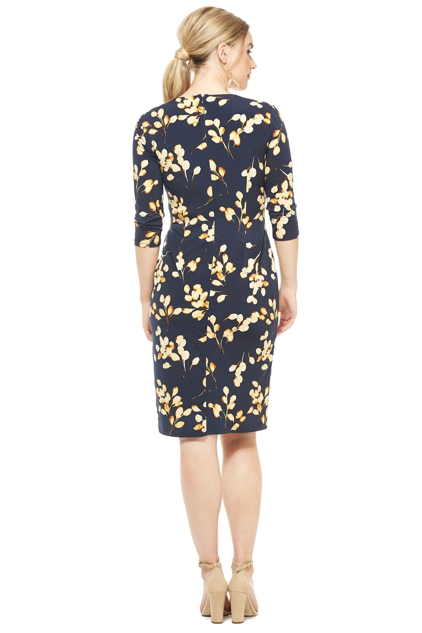 London Times - T3866M Floral Printed V-Neck Cocktail Dress In Blue and Gold