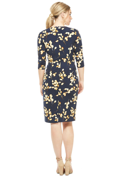 London Times - T3866M Floral Printed V-Neck Cocktail Dress In Blue and Gold