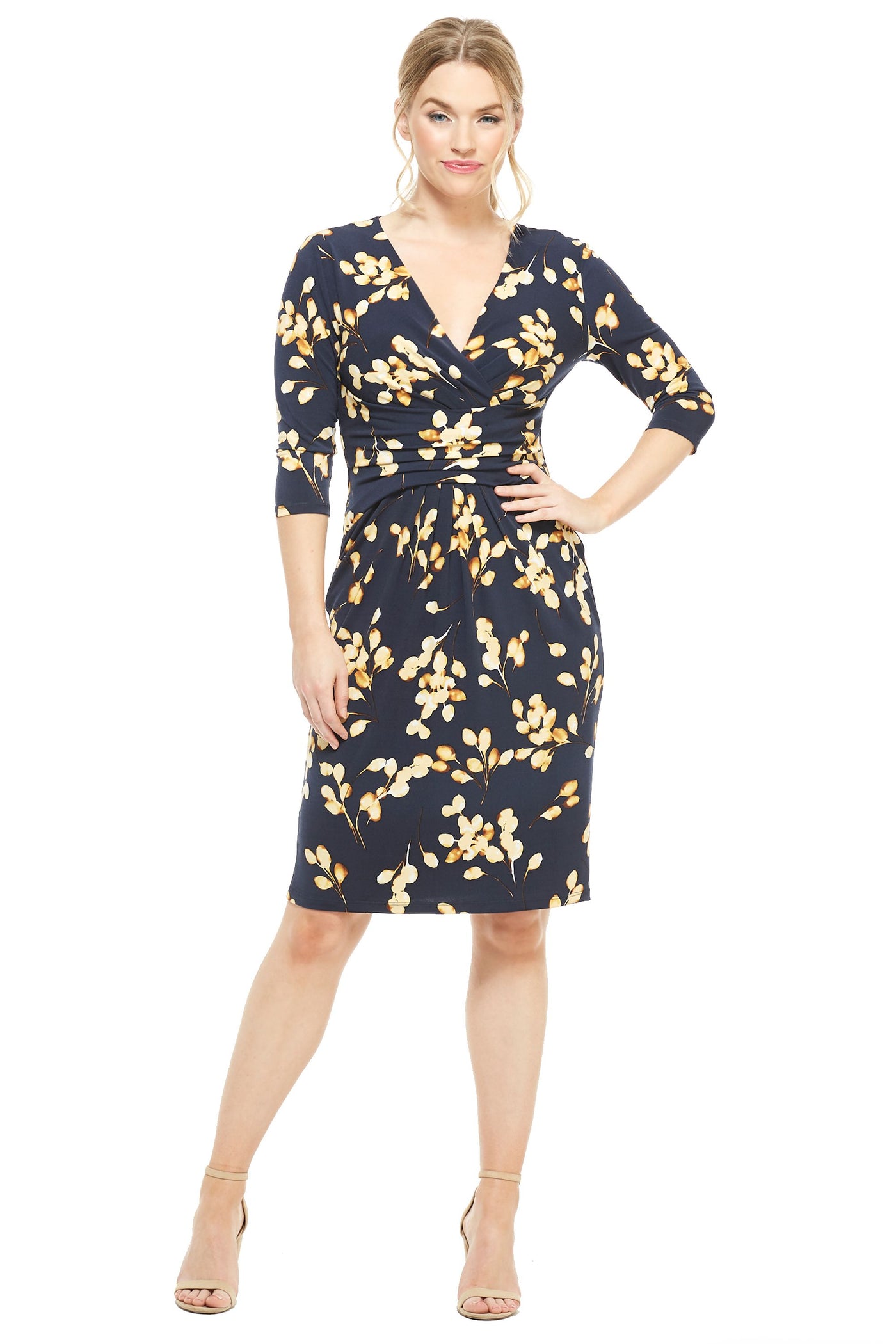 London Times - T3866M Floral Printed V-Neck Cocktail Dress In Blue and Gold