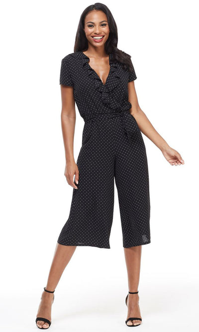 London Times - T4135M Polka Dot Ruffled V-Neck Tie Side Jumpsuit In Black