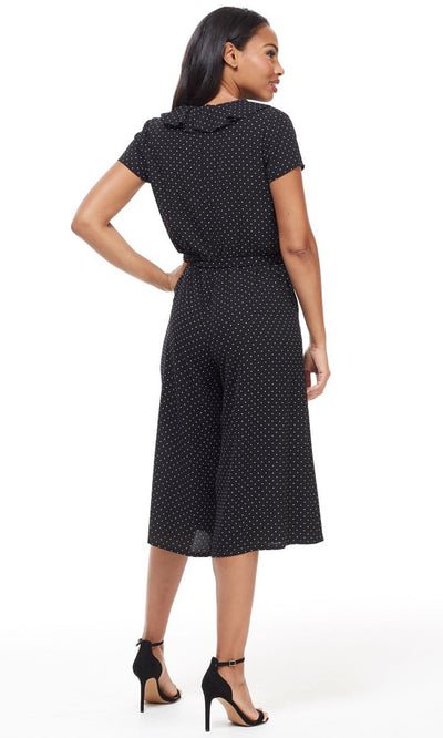 London Times - T4135M Polka Dot Ruffled V-Neck Tie Side Jumpsuit In Black