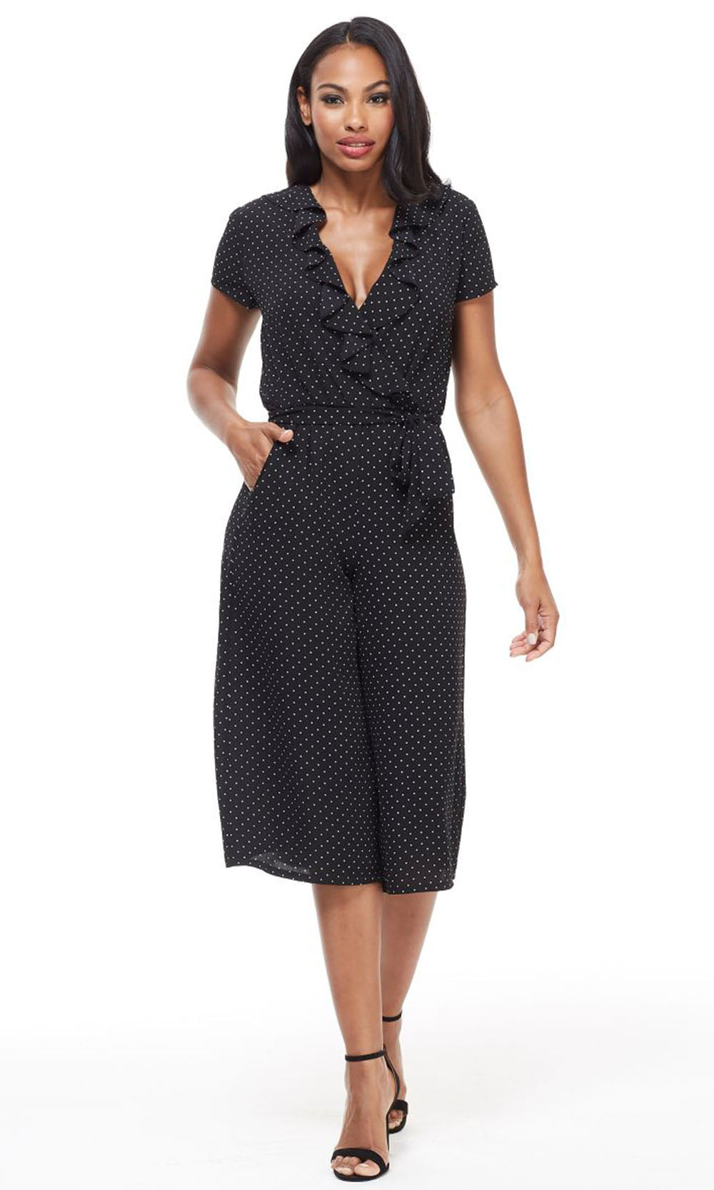 London Times - T4135M Polka Dot Ruffled V-Neck Tie Side Jumpsuit In Black