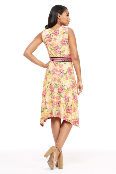 London Times - T4184M Floral Print V-Neck A-Line Dress In Yellow and Pink