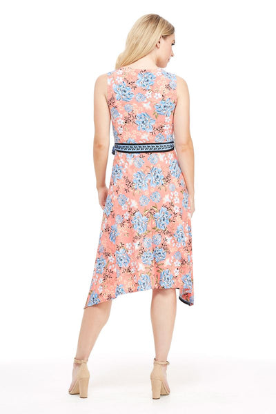 London Times - T4184M Floral Print V-Neck A-Line Dress In Pink and Blue