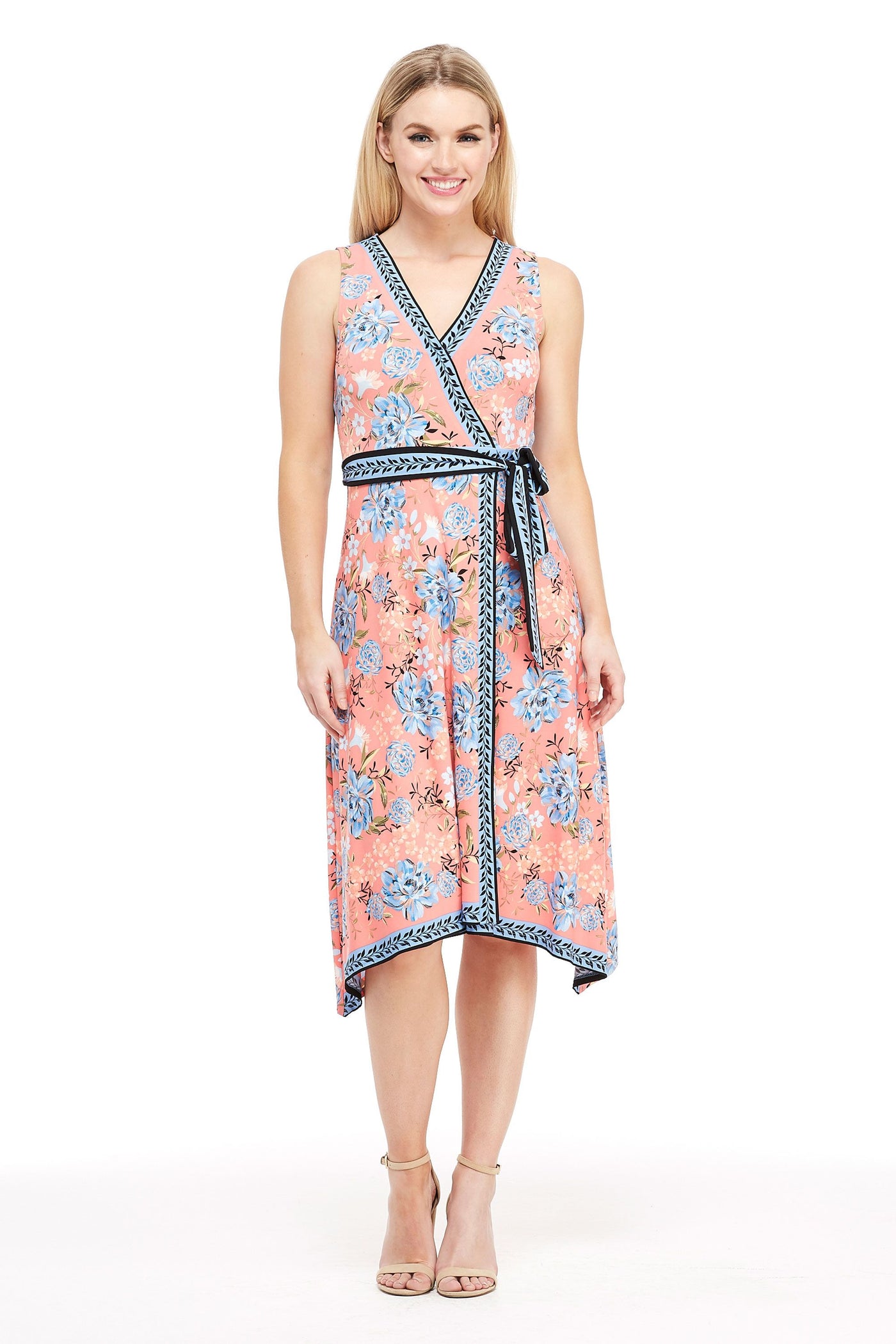 London Times - T4184M Floral Print V-Neck A-Line Dress In Pink and Blue