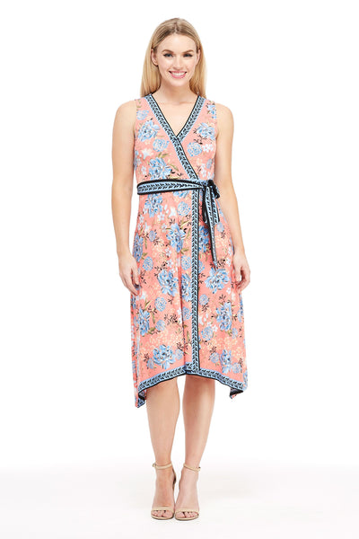 London Times - T4184M Floral Print V-Neck A-Line Dress In Pink and Blue