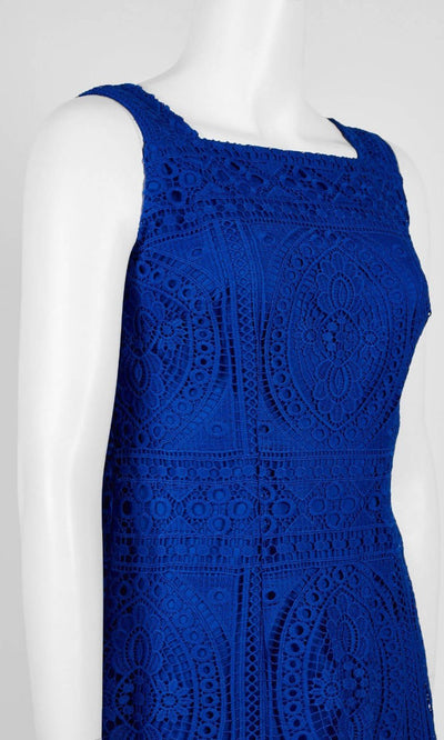 London Times - T4355M Crochet Lace Square Neck Fitted Day Dress In Blue