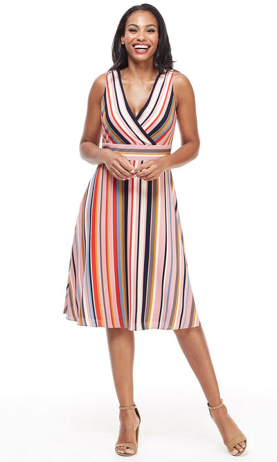 London Times - T4380M Striped Sleeveless Surplice V Neck A-Line Dress In Pink and Multi-Color