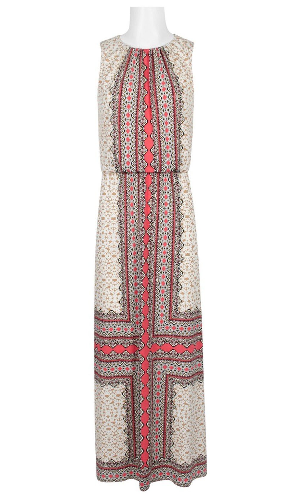 London Times - T4462M Sleeveless Paisley Print Blouson Maxi Dress In Pink and Brown