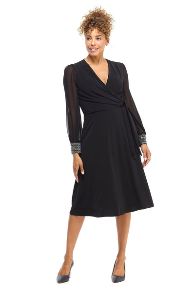 London Times - T4547M V-Neck Long Sleeves A-Line Dress In Black
