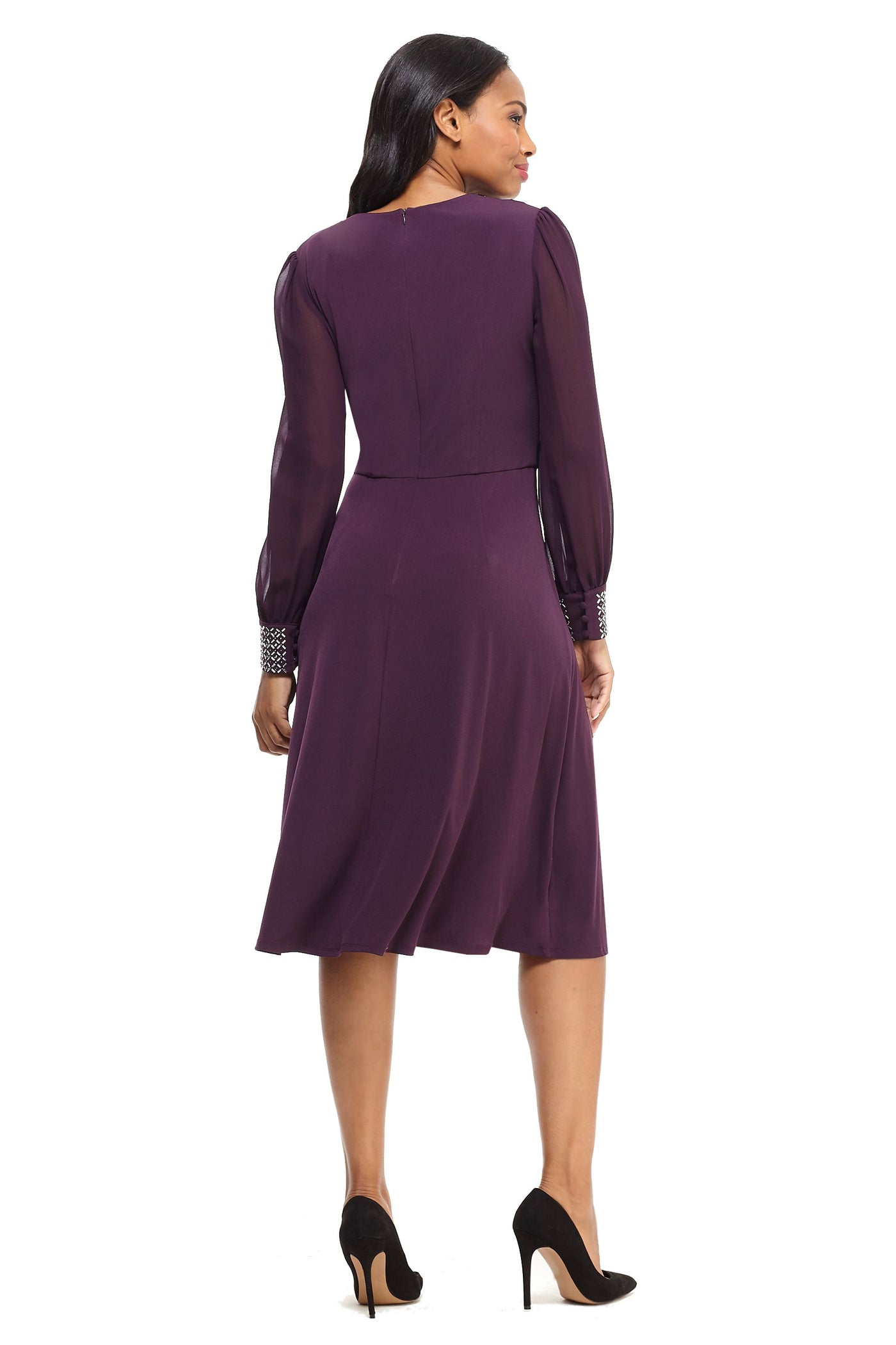 London Times - T4547M V-Neck Long Sleeves A-Line Dress In Purple