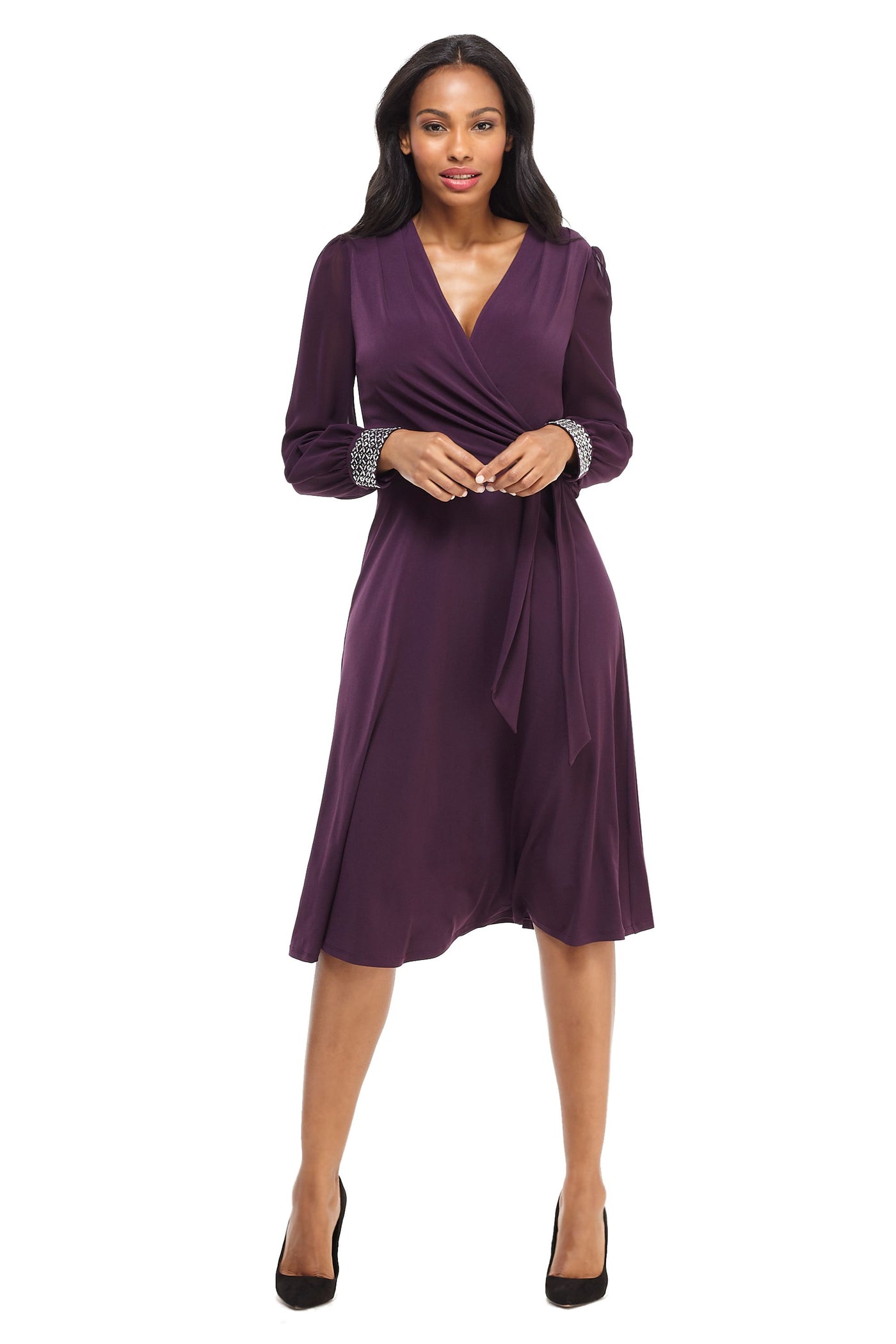 London Times - T4547M V-Neck Long Sleeves A-Line Dress In Purple