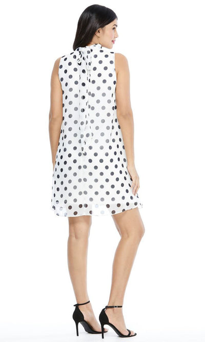 London Times - T4986M Polkadot High Neck Chiffon A-Line Shift Dress In White and Black