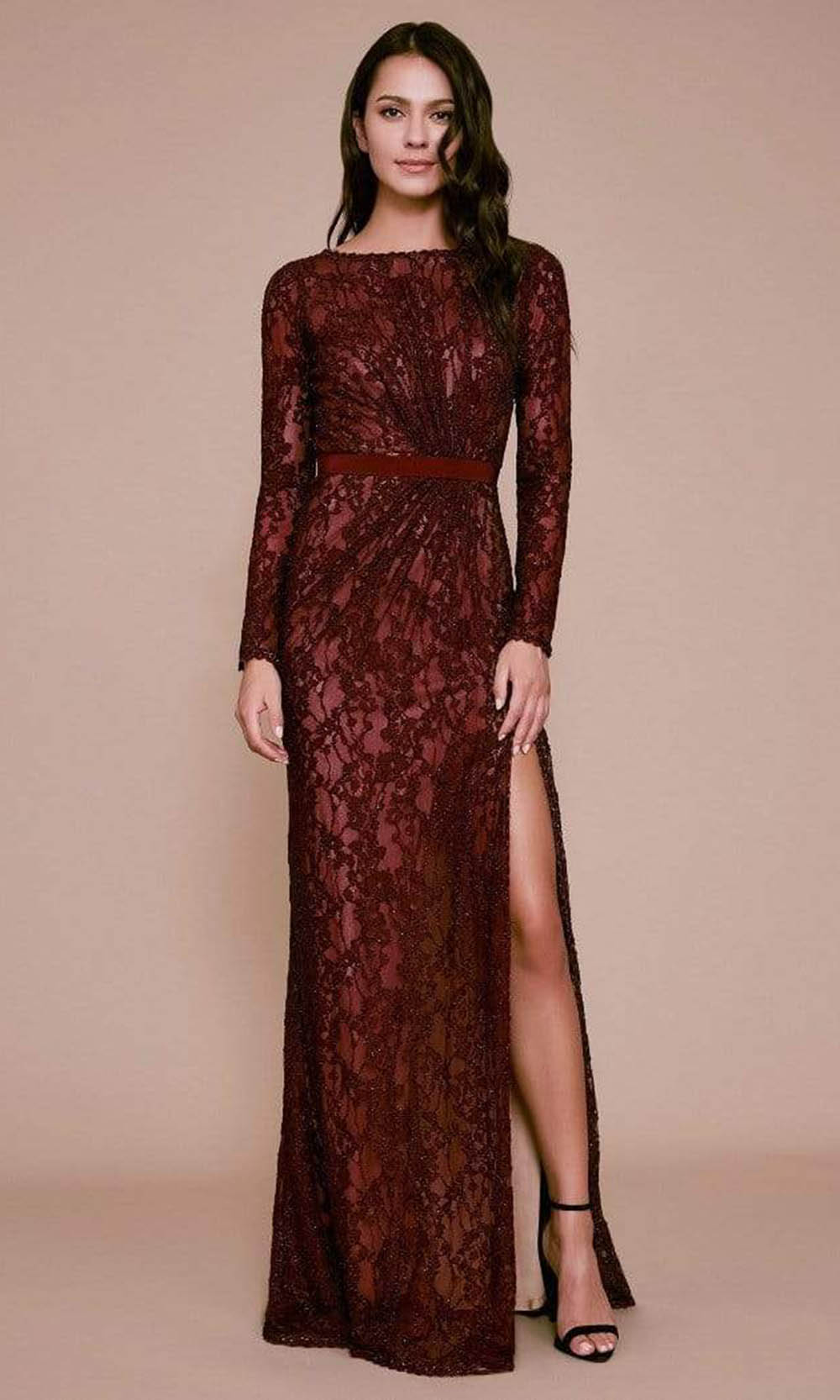 Tadashi Shoji - Allover Lace Bateau Long Sleeve Evening Dress - 1 pc Hibiscus/Nude In Size 10 Available CCSALE 10 / Hibiscus/Nude