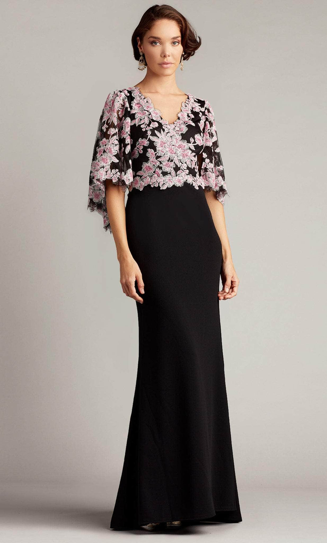 Tadashi Shoji ATH20273LX - Long Crepe Sheath Dress - Poncho, Embroidery, Floral Fitted Bodice, Conservative, V Back, Back Zipper, Floor Length, Sweep Train ADASA Tadashi Shoji ATH20273LX - Long Crepe Sheath Dress - Poncho, Embroidery, Floral Fitted Bodice, Conservative, V Back, Back Zipper, Floor Length, Sweep Train ADASA