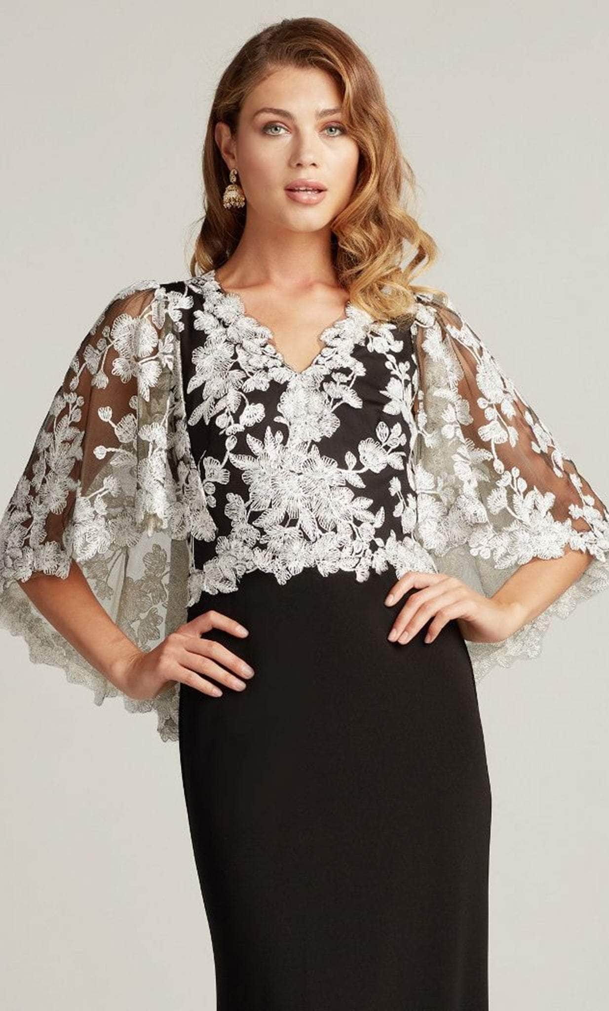 embroidered poncho dress Montage by Mon Cheri - 221962 Scoop Back Embroidered Poncho Dress 6 / Silver/Nude