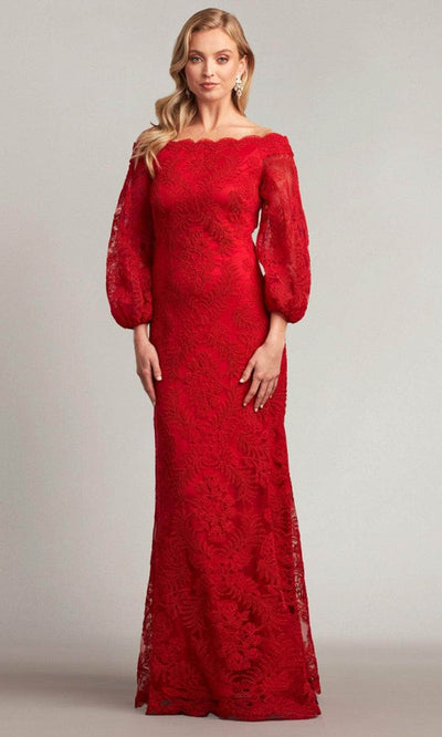 Tadashi Shoji AUL19261L - Scalloped Off Shoulder Evening Gown Formal Gowns 0 / Deep Red
