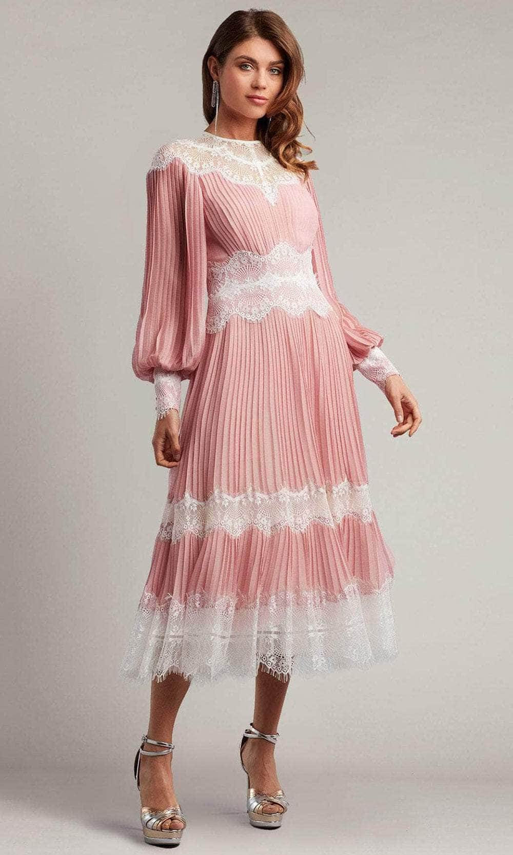 Tadashi Shoji AVO22184MD - Lowell Pleated Chiffon Midi Dress Special Occasion Dress 00 / Pale Pink/White